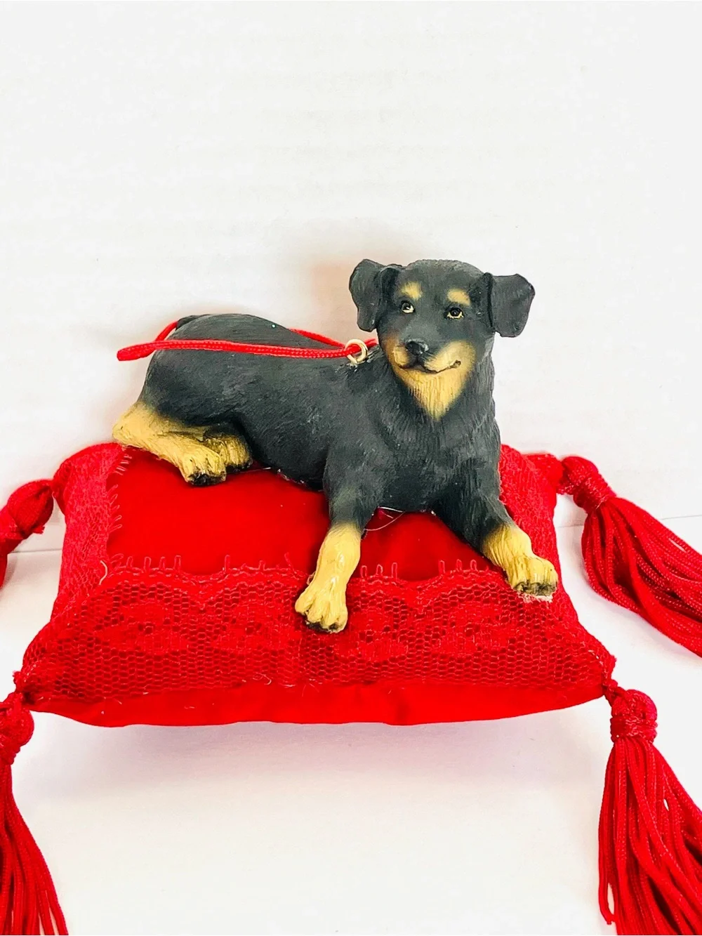 Handmade Rottweiler On A Red Velevet Pillow Ornament Read